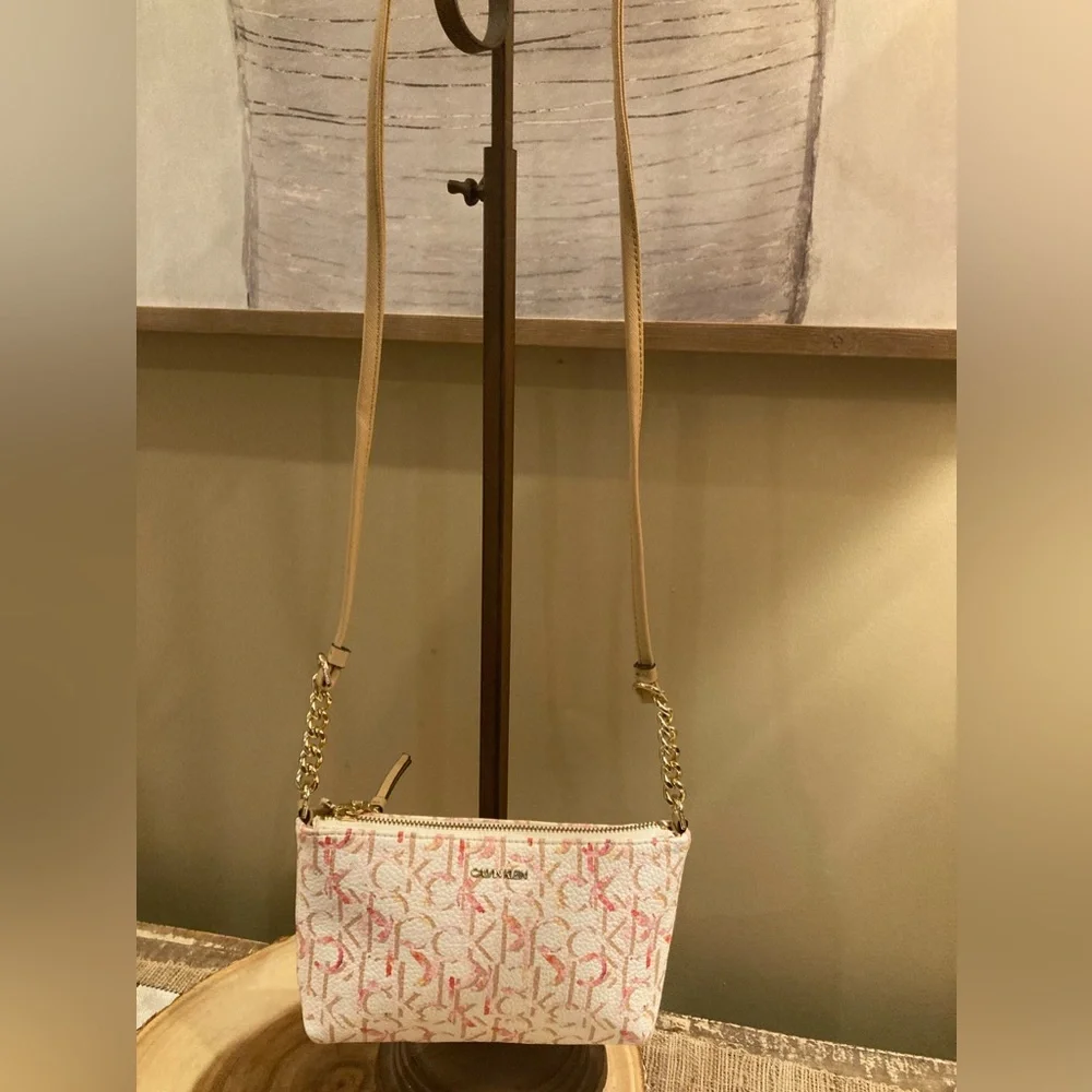 CALVIN KLEIN White With Pink Monogram Logo‎ Print Small Crossbody Bag New